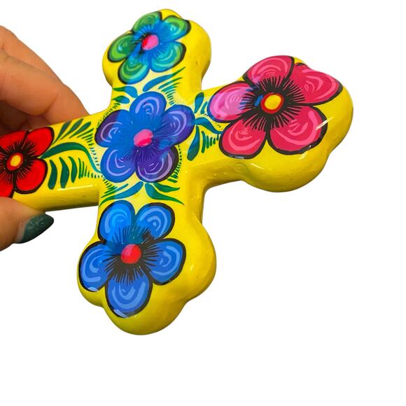 Ceramic CROSS Yellow Colorful High Gloss with Flowers Mexican Folk Wall Art 7" - Picture 8 of 11